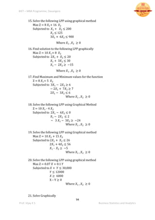 BIET – MBA Programme, Davangere
94
Prof. Vijay K S Business Statistics and Analytics
15. Solve the following LPP using graphical method
Max Z = 8 𝑋1+ 16 𝑋2
Subjected to 𝑋1 + 𝑋2 ≤ 200
𝑋2 ≤ 125
3𝑋1 + 6𝑋2 ≤ 900
Where 𝑋1 , 𝑋2 ≥ 0
16. Find solution to the following LPP graphically
Max Z = 10 𝑋1+ 8 𝑋2
Subjected to 2𝑋1 + 𝑋2 ≤ 20
𝑋1 + 3𝑋2 ≤ 30
𝑋1 − 2𝑋2 ≥ −15
Where 𝑋1 , 𝑋2 ≥ 0
17. Find Maximum and Minimum values for the function
Z = 8 𝑋1+ 5 𝑋2
Subjected to 3𝑋1 − 2𝑋2 ≥ 6
− 2𝑋1 + 7𝑋2 ≥ 7
2𝑋1 − 3𝑋2 ≤ 6
Where 𝑋1 , 𝑋2 ≥ 0
18. Solve the following LPP using Graphical Method
Z = 10 𝑋1 - 4 𝑋2
Subjected to 2𝑋1 − 6𝑋2 ≤ 0
𝑋1 − 2𝑋2 ≤ 2
− 3 𝑋1 − 3𝑋2 ≥ −24
Where 𝑋1 , 𝑋2 ≥ 0
19. Solve the following LPP using Graphical method
Max Z = 10 𝑋1 + 15 𝑋2
Subjected to 2𝑋1 + 𝑋2 ≤ 26
2𝑋1 + 4𝑋2 ≤ 56
𝑋1 - 𝑋2 ≥ −5
Where 𝑋1 , 𝑋2 ≥ 0
20. Solve the following LPP using graphical method
Max Z = 0.07 𝑋 + 0.1 𝑌
Subjected to 𝑋 + 𝑌 ≤ 30,000
𝑌 ≤ 12000
𝑋 ≥ 6000
X – Y ≥ 0
Where 𝑋1 , 𝑋2 ≥ 0
21. Solve Graphically
 