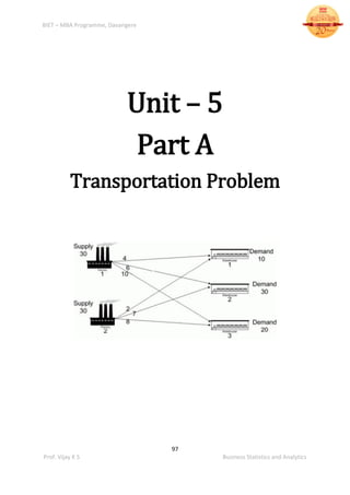BIET – MBA Programme, Davangere
97
Prof. Vijay K S Business Statistics and Analytics
Unit – 5
Part A
Transportation Problem
 