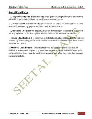 Business Statistics Business Administration-2k13
Compiled by: Seetal Daas University of Sindh Laar Campus @ Badin 9
Basis of Classification
1) Geographical/ Spatial Classification: Investigator should provide clear information
where he is going to investigate e.g. which area, location, places.
2) Chronological Classification: this classification concerned with the continuous time
series and sequence e.g. population of 18 crore from 1998-2014.
3) Qualitative Classification: This classification depends upon the qualities of a person
etc, e.g. a person’s skills, intelligence because these can be observed not measured.
4) Simple Classification: It is concerned with the classification of the data in two section
or parts e.g. considering gender classification ,it can be subdivided into two more section
like male and female.
5) Manifold Classification: it is concerned with the classification of data may be
divided in more section or parts. e.g. same above we take gender divided into two male
and female then more it may be subdivided into rural and urban then color then married
and unmarried etc.
 