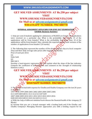 WWW.SMUSOLVEDASSIGNMENTS.COM
GET SOLVED ASSIGNMENTS AT Rs.250 per subject
VISIT
WWW.SMUSOLVEDASSIGNMENTS.COM
Or Mail us at solvemyassignments@gmail.com
WHATSAPP NUMBER- 9967480770
INTERNAL ASSIGNMENT APPLICABLE FOR JUNE 2017 EXAMINATION
COURSE: Business Statistics
1. Sixty per cent of students applying for admissions at NGASCE are female. 30 applications
were received on a particular day. What is the probability that exactly 15 of the
applications will be from females? What is the probability that fewer than 10 of the
applications will be from females? Also, calculate the expected number and variance of the
number of applications from females? (10 marks)
2. The following data represent the number of Pen drives sold per day at a local computer
shop and their daily average sales prices after bargain. (10 marks)
Price of each pen drive
(x)
Units Sold
(y)
INR 340 3
Develop a least-squares regression line and explain what the slope of the line indicates.
Compute the coefficient of determination and comment on the strength of relationship
between x and y.
GET SOLVED ASSIGNMENTS AT Rs.250 per subject
VISIT
WWW.SMUSOLVEDASSIGNMENTS.COM
Or Mail us at solvemyassignments@gmail.com
WHATSAPP NUMBER- 9967480770
3. The growth in bad-debt expense for Chadha and Chadha Company over the last 20 years
is as follows.
1997 1998 1999 2000 2001 2002 2003 2004 2005 2006
0.11 0.09 0.08 0.08 0.1 0.11 0.12 0.1 0.07 0.09
2007 2008 2009 2010 2011 2012 2013 2014 2015 2016
0.08 0.05 0.04 0.08 0.5 0.01 0.4 0.03 0.11 0.13
a) With the help of different statistical tools discuss the financial health of the company. (5
Marks)
b) Assume that you are a branch manager with a leading bank and if the Chadha and
Chadha Company’s Managing Director approaches you with a funding request for its
 
