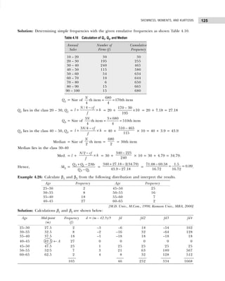 125
SKEWNESS, MOMENTS, AND KURTOSIS
Solution: Determining simple frequencies with the given emulative frequencies as shown Table 4.10.
Table 4.10 Calculation of Q1, Q3, and Median
Annual Number of Cumulative
Sales Firms (f) Frequency
10 – 20 30 30
20 – 30 195 255
30 – 40 240 465
40 – 50 115 580
50 – 60 54 634
60 – 70 10 644
70 – 80 6 650
80 – 90 15 665
90 – 100 15 680
Q1 = Size of = =
680
th item 170th item
4 4
N
Q1 lies in the class 20 – 30, Q1 =
/ 4
N cf
l h
f
−
+ × = 20 +
−
×
170 30
10
195
= 20 + 7.18 = 27.18
Q3 = Size of
×
= =
3 680
3
th item 510th item
4 4
N
Q3 lies in the class 40 – 50, Q3 =
3 /4
N cf
l h
f
−
+ × = 40 +
−
510 465
115
× 10 = 40 + 3.9 = 43.9
Median = Size of
2
N
th item =
680
2
= 30th item
Median lies in the class 30–40
Med. = l +
/2
N cf
h
f
−
× = 30 +
−
340 225
240
× 10 = 30 + 4.79 = 34.79.
Hence, Skb = 3 1
3 1
2
Q Q Me
Q Q
+ −
−
=
+ −
−
340 27.18 2(34.79)
43.9 27.18
=
−
71.08 69.58 1.5
= = 0.09
16.72 16.72
.
Example 4.26: Calculate β1 and β2 from the following distribution and interpret the results.
Age Frequency Age Frequency
25–30 2 45–50 25
30–35 8 50–55 16
35–40 18 55–60 7
40–45 27 60–65 2
[M.D. Univ., M.Com., 1998; Kumaon Univ., MBA, 2000]
Solution: Calculations β1 and β2 are shown below:
Age Mid-point Frequency d = (m – 42.5)/5 fd fd2 fd3 fd4
(m) (f)
25–30 27.5 2 –3 –6 18 –54 162
30–35 32.5 8 –2 –16 32 –64 128
35–40 37.5 18 –1 –18 18 –18 18
40–45 42.5 ← A 27 0 0 0 0 0
45–50 47.5 25 1 25 25 25 25
50–55 52/5 7 3 21 63 189 567
60–65 62.5 2 4 8 32 128 512
105 46 252 334 1668
 