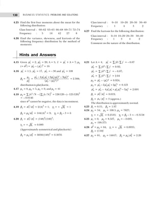 BUSINESS STATISTICS: PROBLEMS AND SOLUTIONS
130
4.25 Find the first four moments about the mean for the
following distribution:
Class Interval : 60–62 63–65 66–68 69–71 72–74
Frequency : 5 18 42 27 8
4.26 Find the variance, skewness, and kurtosis of the
following frequency distribution by the method of
moments:
Class interval : 0–10 10–20 20–30 30–40
Frequency : 1 4 3 2
4.27 Find the kurtosis for the following distribution:
Class interval : 0–10 10–20 20–30 30–40
Frequency : 1 3 4 2
Comment on the nature of the distribution.
Hints and Answers
4.15 Given ′
1
µ = 2, ′
2
µ = 20, A = 5; x = ′
1
µ + A = 7; µ2
(= σ2
) = ′
2
µ – ( ′
1
µ )2
= 16
4.16 ′
1
µ = 1.5, ′
2
µ = 17, ′
3
µ = – 30 and ′
4
µ = 108
β2 = 4
2
2
µ
µ
=
′ ′ ′ ′ ′ ′
− + −
′ ′
−
2 4
4 3 1 2 1 1
2 2
2 1
4 6 ( ) 3( )
{ ( ) }
µ µ µ µ µ µ
µ µ
= 2.308;
distribution is platykurtic.
4.17 µ1 = 0, µ2 = 5, µ3 = 0, and µ4 = 41
4.18 µ2 = 2 / N
fx
∑ – ( )2
/ N
fx
∑ = 128/120 – (– 125/120)2
= – 0.0146
since σ2
cannot be negative, the data is inconsistent.
4.19 β1 = 2 3
3 2
/
µ µ = 2/(4)3
= 1; γ1 = + 1
β = 1
β2 = µ4/ 2
2
µ = 144/(4)2
= 9; γ2 = β2 – 3 = 6
4.20 β1 = 2 3
3 2
/
µ µ = (148)2
/(140)3
;
γ1 = + 1
β = 0.089
(Approximately symmetrical and platykurtic)
β2 = µ4/ 2
2
µ = 6030/(140)2
= 0.3076
4.21 Let A = 4; ′
1
µ = /
fd f
∑ ∑ = – 0.07
′
2
µ = 2 /
fd f
∑ ∑ = 0.92;
′
3
µ = 3 /
fd f
∑ ∑ = – 0.07;
′
4
µ = 4 /
fd f
∑ ∑ = 2.64
µ2 = ′
2
µ – ′ 2
1
( )
µ = 0.924;
µ3 = ′ ′ ′ ′
− + 3
3 2 1 1
2 2
µ µ µ µ = 0.123
′
4
µ = ′
4
µ – ′ ′ ′ ′
+ −
2 4
3 1 2 1 1
4 3
µ µ µ µ µ = 2.691
β1 = 2 3
3 2
/
µ µ = 0.019;
β2 = 2
4 2
/
µ µ = 3 (approx.)
The distribution is approximately normal.
4.23 β1 = 0.11; β2 = 1.97
4.24 µ2 = 54; µ3 = 100.5, µ4 = 7827;
γ1 = + 1
β = 0.2533; γ2 = β2 – 3 = – 0.3158
4.25 µ1 = 0, µ2 = 8.527, µ3 = – 2.693,
µ4 = 199.375
4.26 σ2
= µ2 = 84, γ1 = + 1
β = 0.0935;
β2 = 2.102
4.27 µ2 = 81, µ2 = 14817; β2 = µ4/ 2
2
µ = 2.26
 