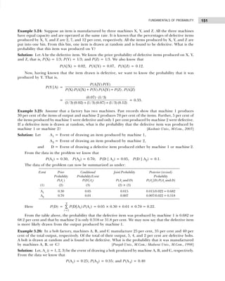 151
FUNDAMENTALS OF PROBABILITY
Example 5.24: Suppose an item is manufactured by three machines X, Y, and Z. All the three machines
have equal capacity and are operated at the same rate. It is known that the percentages of defective items
produced by X, Y, and Z are 2, 7, and 12 per cent, respectively. All the items produced by X, Y, and Z are
put into one bin. From this bin, one item is drawn at random and is found to be defective. What is the
probability that this item was produced on Y?
Solution: Let A be the defective item. We know the prior probability of defective items produced on X, Y,
and Z, that is, P(X) = 1/3; P(Y) = 1/3; and P(Z) = 1/3. We also know that
P(A|X) = 0.02, P(A|Y) = 0.07, P(A|Z) = 0.12.
Now, having known that the item drawn is defective, we want to know the probability that it was
produced by Y. That is,
P(Y|A) =
(A|Y) (Y)
(X) (A|X)+ (Y) (A|Y)+ (Z) . (A|Z)
P P
P P P P P P
=
(0.07) · (1/ 3)
(1/ 3) (0.02) (1/ 3) (0.07) (1/ 3) (0.12)
+ +
= 0.33.
Example 5.25: Assume that a factory has two machines. Past records show that machine 1 produces
30 per cent of the items of output and machine 2 produces 70 per cent of the items. Further, 5 per cent of
the items produced by machine 1 were defective and only 1 per cent produced by machine 2 were defective.
If a defective item is drawn at random, what is the probability that the defective item was produced by
machine 1 or machine 2? [Kashmir Univ., M.Com., 2003]
Solution: Let A1 = Event of drawing an item produced by machine 1,
A2 = Event of drawing an item produced by machine 2,
and D = Event of drawing a defective item produced either by machine 1 or machine 2.
From the data in the problem we know that
P(A1) = 0.30, P(A2) = 0.70; P(D | A1) = 0.05, P(D | A2) = 0.1.
The data of the problem can now be summarized as under:
Here P(D) =
2
1
(D|A ) (A )
i i
i
P P
=
∑ = 0.05 × 0.30 + 0.01 × 0.70 = 0.22.
From the table above, the probability that the defective item was produced by machine 1 is 0.682 or
68.2 per cent and that by machine 2 is only 0.318 or 31.8 per cent. We may now say that the defective item
is more likely drawn from the output produced by machine 1.
Example 5.26: In a bolt factory, machines A, B, and C manufacture 25 per cent, 35 per cent and 40 per
cent of the total output, respectively. Of the total of their output, 5, 4, and 2 per cent are defective bolts.
A bolt is drawn at random and is found to be defective. What is the probability that it was manufactured
by machines A, B, or C? [Punjab Univ., M.Com.; Madurai Univ., M.Com., 1998]
Solution: Let, Ai (i = 1, 2, 3) be the event of drawing a bolt produced by machine A, B, and C, respectively.
From the data we know that
P(A1) = 0.25; P(A2) = 0.35; and P(A3) = 0.40
Event Prior Conditional Joint Probability Posterior (revised)
Probability Probability Event Probability
P(Ai ) P(D|Ai) P(Ai and D) P(Ai|D) P(Ai and D)
(1) (2) (3) (2) × (3)
A1 0.30 0.05 0.015 0.015/0.022 = 0.682
A2 0.70 0.01 0.007 0.007/0.022 = 0.318
 
