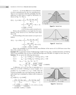 BUSINESS STATISTICS: PROBLEMS AND SOLUTIONS
212
(a) Let 1
x – 2
x be the difference in mean lifetime
of stereo manufactured by the two manufacturers.
Then we are required to find the probability that this
difference is more than or equal to 160 hours, as
shown in Fig. 7.4. That is,
P[( 1
x – 2
x ) ≥ 160] = P
1 2
1 2 1 2
( ) ( )
x x
x x
z
−
 
− − µ − µ
≥
 
σ
 
 
= P
160 200
20
z
−
 
≥
 
 
= P[z ≥ – 2]
= 0.5000 + 0.4772
= 0.9772 (Area under normal curve).
Hence, the probability is very high that the mean
lifetime of the stereos of A is 160 hours more than
that of B.
(b) Proceeding in the same manner as in part (a) as
follows:
P[( 1
x – 2
x ) ≥ 250] = P
1 2
1 2 1 2
( ) ( )
x x
x x
z
−
 
− − −
≥
 
 
 
µ µ
σ
= P
250 200
20
z
−
 
≥
 
 
= P[z ≥ 2.5]
= 0.500 – 0.4938 = 0.0062.
Hence, the probability is very less that the mean lifetime of the stereos of A is 250 hours more than
that of B, as shown in Fig. 7.5.
Example 7.9: A particular brand of ball bearings weighs 0.5 kg with a standard deviation of 0.02 kg.
What is the probability that two lots of 1000 ball bearings each will differ in weight by more than 2 g.
Solution: We are given the following information
Lot 1: 1
x
µ = 1
µ = 0.50kg; σ1 = 0.02 kg; and n1 = 100
Lot 2: 2
x
µ = 2
µ = 0.50kg; σ2 = 0.02 kg; and n1 = 100
Thus, 1 2
x x
−
µ = 1 2
x x
−
µ µ = 1
µ – µ2 = 0
1 2
x x
−
σ =
2
2
2
1
1 2
n n
+
σ
σ
=
2 2
(0.02) (0.02)
1000 1000
+ = 0.000895.
A difference of 2 g in two lots is equivalent to a
difference of 2/100 = 0.002 kg in mean weights. It is
possible if 1 2
x x
− ≤ 0.002 or 1 2
x x
− ≥ – 0.002. Then the
required probability that each ball bearing will differ by
more than 2 g is calculated as follows and is shown in
Fig. 7.6.
P − ≤ − ≤
 
 
1 2
0.002 0.002
x x
= P
( ) ( ) ( ) ( )
1 2 1 2
1 2 1 2 1 2 1 2
x x x x
x x x x
z
− −
 
− − − − − −
≤ ≤
 
 
 
µ µ µ µ
σ σ
= P
−
 
≤ ≤
 
 
0.002 0.002
0.000895 0.000895
z = P [– 2.33 ≤ z ≤ 2.33]
= 2 [0.5000 – 0.4871] = 0.0258.
Figure 7.4 Normal Curve
Figure 7.5 Normal Curve
Figure 7.6 Normal Curve
 