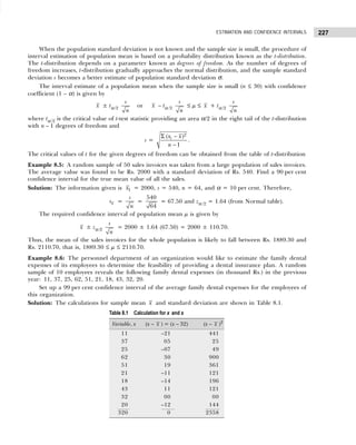 227
ESTIMATION AND CONFIDENCE INTERVALS
When the population standard deviation is not known and the sample size is small, the procedure of
interval estimation of population mean is based on a probability distribution known as the t-distribution.
The t-distribution depends on a parameter known as degrees of freedom. As the number of degrees of
freedom increases, t-distribution gradually approaches the normal distribution, and the sample standard
deviation s becomes a better estimate of population standard deviation σ.
The interval estimate of a population mean when the sample size is small (n ≤ 30) with confidence
coefficient (1 – α) is given by
x ± tα/2
s
n
or x – tα /2
s
n
≤ µ ≤ x + tα/2
s
n
where tα /2 is the critical value of t-test statistic providing an area α/2 in the right tail of the t-distribution
with n – 1 degrees of freedom and
s =
Σ −
−
2
( )
1
i
x x
n
.
The critical values of t for the given degrees of freedom can be obtained from the table of t-distribution
Example 8.5: A random sample of 50 sales invoices was taken from a large population of sales invoices.
The average value was found to be Rs. 2000 with a standard deviation of Rs. 540. Find a 90 per cent
confidence interval for the true mean value of all the sales.
Solution: The information given is 1
x = 2000, s = 540, n = 64, and α = 10 per cent. Therefore,
x
s =
s
n
=
540
64
= 67.50 and zα /2 = 1.64 (from Normal table).
The required confidence interval of population mean µ is given by
x ± zα /2
s
n
= 2000 ± 1.64 (67.50) = 2000 ± 110.70.
Thus, the mean of the sales invoices for the whole population is likely to fall between Rs. 1889.30 and
Rs. 2110.70, that is, 1889.30 ≤ µ ≤ 2110.70.
Example 8.6: The personnel department of an organization would like to estimate the family dental
expenses of its employees to determine the feasibility of providing a dental insurance plan. A random
sample of 10 employees reveals the following family dental expenses (in thousand Rs.) in the previous
year: 11, 37, 25, 62, 51, 21, 18, 43, 32, 20.
Set up a 99 per cent confidence interval of the average family dental expenses for the employees of
this organization.
Solution: The calculations for sample mean x and standard deviation are shown in Table 8.1.
Table 8.1 Calculation for x and s
Variable, x (x – x ) = (x – 32) (x – x )2
11 –21 441
37 05 25
25 –07 49
62 30 900
51 19 361
21 –11 121
18 –14 196
43 11 121
32 00 00
20 –12 144
320 0 2358
 