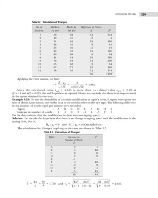 259
HYPOTHESIS TESTING
Applying the t-test statistic, we have
t =
/
d
d
d
s n
− µ
=
8
5.673/ 12
= 4.885.
Since the calculated value tcal = 4.885 is more than its critical value tα/2 = 2.20 at
df = 11 and α/2 = 0.025, the null hypothesis is rejected. Hence we conclude that there is an improvement
in the scores obtained in two tests.
Example 9.28: To test the desirability of a certain modification in typist’s desks, 9 typists were given two
tests of almost same nature, one on the desk in use and the other on the new type. The following difference
in the number of words typed per minute were recorded:
Typists : A B C D E F G H I
Increase in number of words : 2 4 0 3 –1 4 –3 2 5
Do the data indicate that the modification in desk increases typing speed?
Solution: Let us take the hypothesis that there is no change in typing speed with the modification in the
typing desk, that is,
H0 : µd = 0 and H1 : µd > 0 (One-tailed test)
The calculations for ‘changes’ applying to the t-test are shown in Table 9.5.
d =
d
n
Σ
=
16
9
= 1.778 and sd =
2 2
( )
1 ( 1)
d d
n n n
Σ Σ
−
− −
=
2
84 (16)
8 9 8
−
×
= 2.635.
Table 9.4 Calculations of ‘Changes’
No. of Marks in Marks In Difference in Marks
Students 1st Test 5th Test d d2
1 50 62 12 144
2 42 40 –2 4
3 51 61 10 100
4 26 35 9 81
5 35 30 –5 25
6 42 52 10 100
7 60 68 8 64
8 41 51 10 100
9 70 84 14 196
10 55 63 8 64
11 62 72 10 100
12 38 50 12 144
96 1122
Table 9.5 Calculations of ‘Changes’
Typist Increase in d2
Number of Words
d
A 2 4
B 4 16
C 0 0
D 3 9
E –1 1
F 4 16
G –3 9
H 2 4
I 5 25
16 84
 