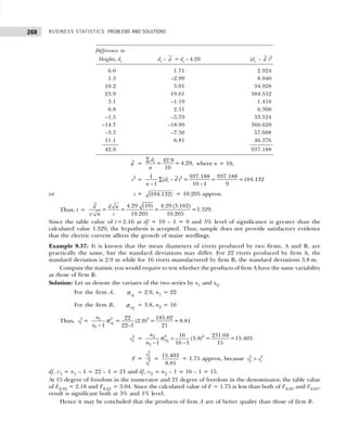 BUSINESS STATISTICS: PROBLEMS AND SOLUTIONS
268
Difference in
Heights, di di – d = di – 4.29 (di – d )2
6.0 1.71 2.924
1.3 –2.99 8.940
10.2 5.91 34.928
23.9 19.61 384.552
3.1 –1.19 1.416
6.8 2.51 6.300
–1.5 –5.79 33.524
–14.7 –18.99 360.620
–3.3 –7.50 57.608
11.1 6.81 46.376
42.9 937.188
d =
∑ 42.9
= = 4.29,
10
i
d
n
where n = 10,
s2
= ∑ −
− −
2
1 937.188 937.188
( ) = = =104.132
1 10 1 9
i
d d
n
or s = (104.132) = 10.205 approx.
Thus, t =
4.29 (10) 4.29 (3.162)
= = = =1.329
10.205 10.205
/
d d n
s
s n
.
Since the table value of t=2.16 at df = 10 – 1 = 9 and 5% level of significance is greater than the
calculated value 1.329, the hypothesis is accepted. Thus, sample does not provide satisfactory evidence
that the electric current affects the growth of maize seedlings.
Example 9.37: It is known that the mean diameters of rivets produced by two firms, A and B, are
practically the same, but the standard deviations may differ. For 22 rivets produced by firm A, the
standard deviation is 2.9 m while for 16 rivets manufactured by firm B, the standard deviations 3.8 m.
Compute the statistic you would require to test whether the products of firm A have the same variability
as those of firm B.
Solution: Let us denote the variates of the two series by x1 and x2.
For the firm A,
1
x
σ = 2.9, n1 = 22
For the firm B,
2
x
σ = 3.8, n2 = 16
Thus, 2
1
s = σ
−
2 2
1
1
1
22 185.02
= (2.9) = =8.81
1 22–1 21
x
n
n
2
2
s = σ =
− −
2 2
2
2
2
16 231.04
(3.8) = =15.403
1 16 1 15
x
n
n
F =
2
2
2
1
s
s
=
15.403
8.81
= 1.75 approx, because 2 2
2 1
s s
>
df, v1 = n1 – 1 = 22 – 1 = 21 and df, v2 = n2 – 1 = 16 – 1 = 15.
At 15 degree of freedom in the numerator and 21 degree of freedom in the denominator, the table value
of F0.05 = 2.18 and F0.01 = 3.04. Since the calculated value of F = 1.75 is less than both of F0.05 and F0.01,
result is significant both at 5% and 1% level.
Hence it may be concluded that the products of firm A are of better quality than those of firm B.
 