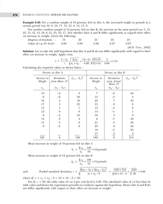 BUSINESS STATISTICS: PROBLEMS AND SOLUTIONS
274
Example 9.49: For a random sample of 10 persons, fed on diet A, the increased weight in pounds in a
certain period was 10, 6, 16, 17, 13, 12, 8, 14, 15, 9.
For another random sample of 12 persons, fed on diet B, the increase in the same period was 7, 13,
22, 15, 12, 14, 18, 8, 21, 23, 10, 17. Test whether diets A and B differ significantly as regards their effect
on increase in weight. Given the following:
Degrees of freedom : 19 20 21 22 23
Value of t at 5% level : 2.09 2.09 2.08 2.07 2.07
[M.D. Univ., 2002]
Solution: Let us take the null hypothesis that diet A and B do not differ significantly with regard to their
effect on increase in weight. Apply t-test,
t =
− − ×
+ +
2 1 2
1 2
12 15 10 12 3
= = =1.51
4.66 12 12 4.66
x x n n
s n n
.
Calculating the required values as shown below :
Persons on Diet A Persons on Diet B
Increase in Deviations (x1 – 1
x )2
Increase in Deviations (x2 – 2
x )2
Weight from Mean 12 Weight from Actual
Mean 15
x1 (x1 – 1
x ) x2 (x2 – 2
x )
10 –2 4 7 –8 64
6 –6 36 13 –2 4
16 4 16 22 7 49
17 5 25 15 0 0
13 1 1 12 –3 9
12 0 0 14 –1 1
8 –4 16 18 3 9
14 2 4 8 –7 49
15 3 9 21 6 36
9 –3 9 23 8 64
10 –5 25
17 2 4
120 0 120 180 0 314
Mean increase in weight of 10 persons fed on diet A
1
x =
Σ 1
1
120
= =12 pounds
10
x
n
Mean increase in weight of 12 persons fed on diet B
2
x =
Σ 1
2
180
= =15 pounds
12
x
n
and Pooled standard deviation, s =
Σ − + Σ −
+ −
2
1 1 2 2
1 2
( ) ( )
2
x x x x
n n
=
+
+ −
120 314 434
= = 4.66
10 12 2 20
where df, v = n1 + n2 – 2 = 10 + 12 – 2 = 20.
For df, v = 20, the table value of t at 5 per cent level is 2.09. The calculated value of t is less than its
table value and hence the experiment provides no evidence against the hypothesis. Hence diet A and B do
not differ significantly with respect to their effect on increase in weight.
 