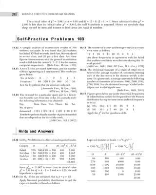 BUSINESS STATISTICS: PROBLEMS AND SOLUTIONS
292
The critical value of χ 2
= 3.841 at α = 0.05 and df = (2 – 1) (2 – 1) = 1. Since calculated value χ 2
=
2.480 is less than its critical value χ 2
= 3.841, the null hypothesis is accepted. Hence we conclude that
shops owned by men and women in both areas are equal in number.
S e l f-P r a c t i c e P r o b l e m s 10B
10.12 A sample analysis of examination results of 500
students was made. It was found that 220 students
had failed, 170 had secured a third class, 90 were placed
in second class, and 20 got a first class. Are these
figures commensurate with the general examination
result which is in the ratio of 4 : 3 : 2 : 1 for the various
categories respectively. [Delhi Univ., M.Com., 1999]
10.13 A set of 5 coins are tossed 3200 times, and the number
of heads appearing each time is noted. The results are
given below:
No. of heads : 0 1 2 3 4 5
Frequency : 80 570 1100 900 50 50
Test the hypothesis that the coins are unbiased.
[Annamalai Univ., M.Com., 1998;
MD Univ., M.Com., 1998]
10.14 The demand for a particular spare part in a factory
was found to vary from day to day. In a sample study
the following information was obtained:
Day : Mon. Tues. Wed. Thurs. Fri. Sat.
No. of parts
demanded : 1124 1125 1110 1120 1126 1115
Test the hypothesis that the number of parts demanded
does not depend on the day of the week.
[Delhi Univ., MBA, 2002]
10.15 The number of scooter accidents per week in a certain
town were as follows:
12 8 20 2 14 10 15 6 9 4
Are these frequencies in agreement with the belief
that accident conditions were the same during this 10-
week period?
[Delhi Univ., MBA, 2000; HP Univ., M.A. (Eco.), 1997]
10.16 The divisional manager of a chain of retail stores
believes the average number of customers entering
each of the five stores in his division weekly is the
same. In a given week, a manager reports the following
number of customers in his stores: 3000, 2960, 3100,
2780, 3160. Test the divisional manager’s belief at the
10 per cent level of significance
[Delhi Univ., MBA, 2001]
10.17 Figures given below are (a) the theoretical frequencies
of a distribution and (b) the frequencies of the Poisson
distribution having the same mean and total frequency
as in (a).
(a) 305 365 210 80 28 9 3
(b) 301 361 217 88 26 6 1
Apply the χ2
test for goodness-of-fit.
Hints and Answers
10.12 LetH0 :Nodifferenceinobservedandexpectedresults.
Category O E (O – E)2
(O – E)2
/E
Failed 220 500(4/10) = 200 400 2.000
3rd class 170 500(3/10) = 150 400 2.667
2nd class 90 500(2/10) = 100 100 1.000
1st class 20 500(1/10) = 50 900 18.000
23.667
Since χ2
cal = 23.667 is more than its critical value
χ2
= 7.81 for df = 4 – 1 = 3 and α = 0.05, the null
hypothesis is rejected.
10.13 Let H0 : Coins are unbiased, that is, p = q = 1/2.
Apply binomial probability distribution to get the
expected number of heads as follows:
Expected number of heads = n n
Cr pr
qn – r
= 3200 5
C0
5
1 1
2 2
r r
−
   
   
   
= 3200 5
C0
5
1
2
 
 
 
O E (O – E)2
(O – E)2
/E
80 100 400 4.00
570 500 4900 9.80
1100 1000 10,000 10.00
900 1000 10,000 10.00
500 500 0 0.00
50 100 2500 25.00
58.80
 