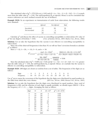 307
CHI-SQUARE AND OTHER NON-PARAMETRIC TESTS
The calculated value of χ2
= 273.534 at α = 0.05 and df = (n – 1)(r – 1) = (2 – 1)(2 – 1) = 1 is much
more than the table value χ2
= 3.84. The null hypothesis H0 is rejected. Hence it can be concluded that
owners cultivators are more inclined towards the use of fertilizers.
Example 10.24: In an experiment on immunization of cattle from tuberculosis, the following results
were obtained:
Affected Not Affected Total
Inoculated 12 26 38
Not inoculated 16 6 22
28 32
Calculate χ2
and discuss the effect of vaccine in controlling susceptibility to tuberculosis (5% value of
χ2
for one degree of freedom = 3.84) [Univ. of Kashmir, M.Com., 2005; Madras Univ., B.Com., 2006]
Solution: Let us take the hypothesis that the vaccine is not effective in controlling susceptibility to
tuberculosis.
Since one of the observed frequencies is less than 10, we will use Yates’ correction formula to calculate
χ2
as follows:
Here a = 12, b = 26, c = 16, d = 6, and n = 50.
χ2
corrected =
− −
+ + + +
2
( 1/2 )
( )( )( ) ( )
n ad bc n
a b c d a c b d
=
× − × − ×
+ + + +
2
50(12 6 26 16 1/ 2 50)
(12 26)(16 6)(12 16)(26 6)
=
−
× × ×
2
50( 369)
38 32 28 32
=
6808050
749056
= 9.08.
Since the calculated value of χ2
= 9.088 at α = 0.05 and df = (c – 1)(r – 1) = (2 – 1)(2 – 1) = 1 is greater
than the table value χ2
= 3.84, the null hypothesis H0 is rejected. Hence, we conclude that the vaccine is
effective in controlling susceptibility to tuberculosis.
Example 10.25: 200 digits are chosen at random from a set of tables. The frequencies of the digits are as
follows:
Digit : 0 1 2 3 4 5 6 7 8 9
Frequency : 18 19 23 21 16 25 22 20 21 15
Use χ2
test to assess the correctness of the hypothesis that the digits were distributed in equal numbers in
the table from which they were chosen. [HP Univ., M.Com., 2000; Chennai Univ., B.Com., 2005]
Solution: Let us take the hypothesis that the digits were distributed in equal numbers. Since total of
frequencies is 200, and the selection of each digit is equally probable, we should expect 200/10 = 20 as
the frequency of 1, 1, 2, ...., digits. Arranging the data as follows:
Digit O E (O – E)2
χ2
= (O – E)2
/E
0 18 20 4 0.20
1 19 20 1 0.05
2 23 20 9 0.45
3 21 20 1 0.80
4 16 20 16 0.80
5 25 20 25 1.25
6 22 20 4 0.20
7 20 20 0 0.00
8 21 20 1 0.05
9 15 20 25 1.25
200 4.3
 