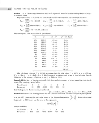 BUSINESS STATISTICS: PROBLEMS AND SOLUTIONS
310
Solution Let us take the hypothesis that there is no significant different in the tendency of men to marry
in different cities.
Expected number of married and unmarried men in different cities are calculated as follows:
E11 =
1150
210 =159.93;
1510
× E12 =
1150
410= 312.25
1510
× ; E13 =
1150
200 =152.32;
1510
×
E14 =
1150
143=108.91
1510
× ; E15 =
1150
208=158.41;
1510
× E16 =
1150
160 =121.85;
1510
×
E17 =
1150
179 =136.33
1510
× , and so on
The contingency table so obtained is given below:
O E (O – E)2
χ2
= (O – E)2
/E
170 159.93 101.405 0.634
285 312.25 742.562 2.378
165 152.32 160.782 1.056
106 108.91 8.468 0.078
153 158.41 29.268 0.185
125 121.85 9.922 0.081
146 136.33 93.509 0.686
40 50.07 101.405 2.025
125 97.75 742.562 7.597
35 47.68 1650.752 3.372
37 34.09 8.468 0.248
55 49.59 29.268 0.590
35 38.15 9.922 0.260
33 42.67 93.509 2.191
21.381
The calculated value of χ2
= 21.381 is greater than the table value χ2
= 12.59 at α = 0.05 and
df = (r – 1)(c – 1) = (2 – 1)(7 – 1) = 6. The hypothesis is rejected, and hence we conclude that there is
difference in the tendency of people to marry in different cities.
Example 10.30: A set of 5 coins are tossed 3200 times and the number of heads appearing each time is
noted. The results are given below:
No. of heads : 0 1 2 3 4 5
Frequency : 80 570 1,100 900 500 50
Test the hypothesis that the coins are unbiased.
[Annamalai Univ., M.Com., 1996; Chennai Univ., B.Com., 2005]
Solution: Let us take the null hypothesis that the coins are unbiased. Then the changes of getting heads
in a toss of 5 coins are the successive terms of the binomial expansion
5
1 1
2 2
 
+
 
 
. So the theoretical
frequencies in 3200 tosses are the term in the expansion:
3200
5
1 1
2 2
 
+
 
 
and are as follows :
No. of heads : 0 1 2 3 4 5
Frequencies : 100 500 1,000 1,000 500 100
 
