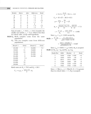 BUSINESS STATISTICS: PROBLEMS AND SOLUTIONS
318
Member Before After Difference Rank
A 8 9 + 1 2
B 3 4 + 1 2
C 6 4 – 2 4
D 4 1 – 3 5.5
E 5 6 + 1 2
F 7 7 0 –
G 6 9 + 3 5.5
H 7 2 – 5 7
Sum of ranks: s+ = 10.5; s– = 16.5; Consider the
smaller test statistic, s+ = 11.5, which is less than
its critical value, accept null hypothesis.
10.24 H0 : Both samples come from the same
population.
H1 : The two samples come from different
populations.
Branch 1 Order Branch 2 Order
23,500 5 24,000 7.5
25500 11 19,800 2
35,500 14 22,000 4
19,500 1 21,500 3
24,400 9 24,500 10
24,000 7.5
23,600 6
25,900 12
26,000 13
Rank sums are R1 = 78.5 and R2 = 26.5
U1 = n1n2 + 1 1
1
( 1)
2
n n
R
+
−
= 9×5+
×
−
9 6
78.5
2
=– 6.5
U2 = 45+27 – 26.5=45.5
µ = 1 2
2
n n
=
54
2
= 27
σu = 1 2 1 2
( 1)
12
n n n n
+ +
=
45 15
12
×
= 7.5
z =
u
U − µ
σ
=
6.5 27.0
7.5
− −
= –4.466
Since zcal < zα (= 1.645) accept H0.
10.25 z = T
T
T − µ
σ
=
T ( 1) / 4
( 1)(2 1) / 24
n n
n n n
− +
+ +
=
163.5 (25)(26) / 4
(25)(26)(51) / 24
−
= 0.027
Since zcal (= 0.027) < zα( 1.645), H0 is accepted.
10.26 Let H0 : µ1 = µ2 and H1 : µ1 ≠ µ2
Family Pair Delhi Mumbai d Rank
1 1950 1760 +190 +4
2 1840 1870 –30 –1
3 2015 1810 +205 +5
4 1580 1660 –80 –2
5 1790 1340 +450 +6
6 1925 1765 +160 +3
Since s = Min (s+, s–) = Min(18, 3) = 3 is greater
than its critical value s = 1, H0 is accepted.
 