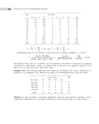 BUSINESS STATISTICS: PROBLEMS AND SOLUTIONS
344
x =
x
n
∑
=
460
10
= 46 and y =
y
n
∑
=
40
10
= 4.
Substituting values in the formula of Karl Pearson’s correlation coefficient r, we have
r =
2 2 2 2
( ) ( )
( ) ( )
x y x y
x x y y
n d d d d
n d d n d d
Σ − Σ Σ
Σ − Σ Σ − Σ
=
10 230
10 1092 10 64
×
× ×
=
230
264.363
= 0.870.
Interpretation: Since value of r is positive, age of employees and number of sick days are positively
correlated to a high degree. Hence we conclude that as the age of an employee increases, he is
likely to go on sick leave more often than others.
Example 12.5: The following table gives the frequency, according to the marks, obtained by 67
students in an intelligence test. Measure the degree of relationship between age and marks.
Solution: Let age of students and marks obtained by them be represented by variables x and y,
respectively. Calculations for correlation coefficient for this bivariate data are shown below:
Age Sick Days
x dx = x – x dx
2
y dy = y – y dy
2
dx dy
30 –16 256 1 –3 9 48
32 –14 196 0 –4 16 56
35 –11 121 2 –2 4 22
40 –6 36 5 1 1 –6
48 2 4 2 –2 4 –4
50 4 16 4 0 0 0
52 6 36 6 2 4 12
55 9 81 5 1 1 9
57 11 121 7 3 9 33
61 15 225 8 4 16 60
460 0 1092 40 0 64 230
Age in Years Total
Test Marks 18 19 20 21
200–250 4 4 2 1 11
250–300 3 5 4 2 14
300–350 2 6 8 5 21
350–400 1 4 6 10 21
Total 10 19 20 18 67
 