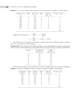 BUSINESS STATISTICS: PROBLEMS AND SOLUTIONS
352
Solution: Let us start ranking from the lowest value for both the variables, as shown below:
Applying the formula,R = 1 –
2
3
6 d
n n
Σ
−
= 1 – 3
6 62
(7) 7
×
−
= 1 –
372
336
= 1 – 0.107 = – 0.107.
The result shows a low degree of negative correlation between the debenture prices and share
prices of a certain joint stock company.
Example 12.13: An economist wanted to find out if there was any relationship between the unemployment
rate in a country and its inflation rate. Data gathered from 7 countries for the year 2004 are given below:
Find the degree of linear association between a country’s unemployment rate and its level of inflation.
Solution: Let us start ranking from the lowest value for both the variables as shown below:
Debenture Price Rank Share Price Rank Difference d2
=(R1 – R2)2
(x) ( y) d=R1 – R2
97.8 3 73.2 1 2 4
99.2 7 85.8 6 1 1
98.8 6 78.9 4 2 4
98.3 4 75.8 2 2 4
98.4 5 77.2 3 2 4
96.7 1 87.2 7 –6 36
97.1 2 83.8 5 –3 9
62
Country Unemployment Inflation
Rate (Per cent) Rate (Per cent)
A 4.0 3.2
B 8.5 8.2
C 5.5 9.4
D 0.8 5.1
E 7.3 10.1
F 5.8 7.8
G 2.1 4.7
Unemployment Rank Inflation Rank Difference d2 = (R1 – R2)2
Rate (x) R1 Rate (y) R2 d = R1 – R2
4.0 3 3.2 1 2 4
8.5 7 8.2 5 2 4
5.5 4 9.4 6 –2 4
0.8 1 5.1 3 –2 4
7.3 6 10.1 7 –1 1
5.8 5 7.8 4 1 1
2.1 2 4.7 2 0 0
18
 