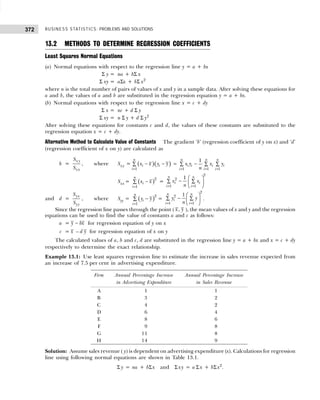 BUSINESS STATISTICS: PROBLEMS AND SOLUTIONS
372
13.2 METHODS TO DETERMINE REGRESSION COEFFICIENTS
Least Squares Normal Equations
(a) Normal equations with respect to the regression line y = a + bx
Σ y = na + bΣ x
Σ xy = aΣx + bΣ x2
where n is the total number of pairs of values of x and y in a sample data. After solving these equations for
a and b, the values of a and b are substituted in the regression equation y = a + bx.
(b) Normal equations with respect to the regression line x = c + dy
Σ x = nc + d Σ y
Σ xy = n Σ y + d Σ y2
After solving these equations for constants c and d, the values of these constants are substituted to the
regression equation x = c + dy.
Alternative Method to Calculate Value of Constants The gradient ‘b’ (regression coefficient of y on x) and ‘d’
(regression coefficient of x on y) are calculated as
b =
x y
xx
S
S
, where Sxy = ( )( )
1
n
i i
i
x x y y
=
− −
∑ =
1 1 1
1
n n n
i i i i
i i i
x y x y
n
= = =
−
∑ ∑ ∑
Sxx = ( )2
1
n
i
i
x x
=
−
∑ =
2
2
1 1
1
n n
i i
i i
x x
n
= =
 
−
∑ ∑
 
 
and d =
yx
yy
S
S
, where Syy = ( )2
1
n
i
i
y y
=
−
∑ =
2
2
1 1
1
n n
i
i i
y y
n
= =
 
−
∑ ∑
 
 
.
Since the regression line passes through the point ( ,
x y ), the mean values of x and y and the regression
equations can be used to find the value of constants a and c as follows:
a = −
y bx for regression equation of y on x
c = x – d y for regression equation of x on y
The calculated values of a, b and c, d are substituted in the regression line y = a + bx and x = c + dy
respectively to determine the exact relationship.
Example 13.1: Use least squares regression line to estimate the increase in sales revenue expected from
an increase of 7.5 per cent in advertising expenditure.
Solution: Assume sales revenue ( y) is dependent on advertising expenditure (x). Calculations for regression
line using following normal equations are shown in Table 13.1.
Σ y = na + bΣx and Σ xy = a Σ x + bΣ x2
.
Firm Annual Percentage Increase Annual Percentage Increase
in Advertising Expenditure in Sales Revenue
A 1 1
B 3 2
C 4 2
D 6 4
E 8 6
F 9 8
G 11 8
H 14 9
 