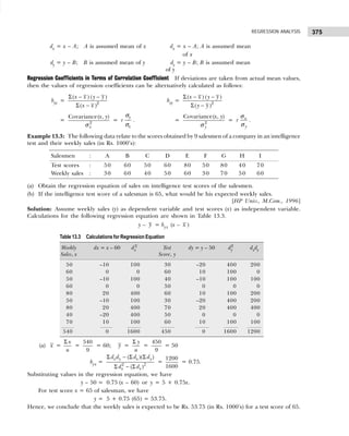 375
REGRESSION ANALYSIS
dx = x – A; A is assumed mean of x dx = x – A; A is assumed mean
dx = = of x
dy = y – B; B is assumed mean of y dy = y – B; B is assumed mean
of y
Regression Coefficients in Terms of Correlation Coefficient If deviations are taken from actual mean values,
then the values of regression coefficients can be alternatively calculated as follows:
byx =
Σ − −
Σ − 2
( ) ( )
( )
x x y y
x x
bxy =
Σ − −
Σ − 2
( ) ( )
( )
x x y y
y y
= 2
Covariance( , )
x
x y
σ
=
y
x
r
σ
σ
. = 2
Covariance( , )
y
x y
σ
= x
y
r
σ
σ
.
Example 13.3: The following data relate to the scores obtained by 9 salesmen of a company in an intelligence
test and their weekly sales (in Rs. 1000’s):
Salesmen : A B C D E F G H I
Test scores : 50 60 50 60 80 50 80 40 70
Weekly sales : 30 60 40 50 60 30 70 50 60
(a) Obtain the regression equation of sales on intelligence test scores of the salesmen.
(b) If the intelligence test score of a salesman is 65, what would be his expected weekly sales.
[HP Univ., M.Com., 1996]
Solution: Assume weekly sales (y) as dependent variable and test scores (x) as independent variable.
Calculations for the following regression equation are shown in Table 13.3.
y – y = byx (x – x )
(a) x =
Σ x
n
=
540
9
= 60; y =
Σ y
n
=
450
9
= 50
byx = 2
( )( )
( )
x y x y
x x
d d d d
d d 2
Σ − Σ Σ
Σ − Σ
=
1200
1600
= 0.75.
Substituting values in the regression equation, we have
y – 50 = 0.75 (x – 60) or y = 5 + 0.75x.
For test score x = 65 of salesman, we have
y = 5 + 0.75 (65) = 53.75.
Hence, we conclude that the weekly sales is expected to be Rs. 53.75 (in Rs. 1000’s) for a test score of 65.
Table 13.3 Calculations for Regression Equation
Weekly dx = x – 60 dx
2
Test dy = y – 50 dy
2
dxdy
Sales, x Score, y
50 –10 100 30 –20 400 200
60 0 0 60 10 100 0
50 –10 100 40 –10 100 100
60 0 0 50 0 0 0
80 20 400 60 10 100 200
50 –10 100 30 –20 400 200
80 20 400 70 20 400 400
40 –20 400 50 0 0 0
70 10 100 60 10 100 100
540 0 1600 450 0 1600 1200
 