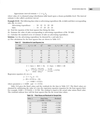 383
REGRESSION ANALYSIS
Approximate interval estimate = ŷ ± tdf Syx
where value of t is obtained using t-distribution table based upon a chosen probability level. The interval
estimate is also called a prediction interval.
Example 13.12: The following data relate to advertising expenditure (Rs. in lakh) and their corresponding
sales (Rs. in crore)
Advertising expenditure : 10 12 15 23 20
Sales : 14 17 23 25 21
(a) Find the equation of the least squares line fitting the data.
(b) Estimate the value of sales corresponding to advertising expenditure of Rs. 30 lakh.
(c) Calculate the standard error of estimate of sales on advertising expenditure.
Solution: Let the advertising expenditure be denoted by x and sales by y.
(a) The calculations for the least squares line are shown in Table 13.7.
x = Σx/n = 80/5 = 16; y = Σy/n = 100/5 = 20
byx = 2 2
( )
x y x y
x x
n d d d d
n d d
Σ − Σ Σ
Σ − Σ
=
5 84
5 118
×
×
= 0.712.
Regression equation of y on x is
y – y = byx (x – x )
y – 20 = 0.712 (x – 16)
y = 8.608 + 0.712 x
where parameter a = 8.608 and b = 0.712.
Table 13.8 gives the fitted values and the residuals for the data in Table 13.7. The fitted values are
obtained by substituting the value of x into the regression equation (equation for the least squares line).
For example, 8.608 + 0.712(10) = 15.728. The residual is equal to the actual value minus fitted value.
The residuals indicate how well the least squares line fits the actual data values.
Table 13.7 Calculations for Least Squares Line
Advt. dx = x – 16 dx
2
Sales dy = y – 20 dy
2
dxdy
Expenditure, x y
10 –6 36 14 –6 36 36
12 –4 16 17 –3 9 12
15 –1 1 23 3 9 –3
23 7 49 25 5 25 35
20 4 16 21 1 1 4
80 0 118 100 0 80 84
Table 13.8 Fitted Values and Residuals for Sample Data
Value, x Fitted Value Residuals
y = 8.608 + 0.712x
10 15.728 – 5.728
12 17.152 – 5.152
15 19.288 – 4.288
23 24.984 – 1.984
20 22.848 – 2.848
 