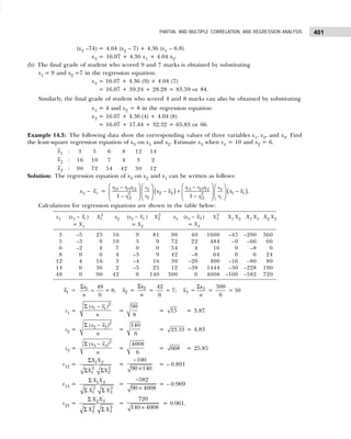 401
PARTIAL AND MULTIPLE CORRELATION, AND REGRESSION ANALYSIS
(x3 –74) = 4.04 (x2 – 7) + 4.36 (x1 – 6.8)
x3 = 16.07 + 4.36 x1 + 4.04 x2.
(b) The final grade of student who scored 9 and 7 marks is obtained by substituting
x1 = 9 and x2 =7 in the regression equation:
x3 = 16.07 + 4.36 (9) + 4.04 (7)
= 16.07 + 39.24 + 28.28 = 83.59 or 84.
Similarly, the final grade of student who scored 4 and 8 marks can also be obtained by substituting
x1 = 4 and x2 = 8 in the regression equation:
x3 = 16.07 + 4.36 (4) + 4.04 (8)
= 16.07 + 17.44 + 32.32 = 65.83 or 66.
Example 14.3: The following data show the corresponding values of three variables x1, x2, and x3. Find
the least-square regression equation of x3 on x1 and x2. Estimate x3 when x1 = 10 and x2 = 6.
x1 : 3 5 6 8 12 14
x2 : 16 10 7 4 3 2
x3 : 90 72 54 42 30 12
Solution: The regression equation of x3 on x2 and x1 can be written as follows:
x3 – 3
x = ( ) ( )
23 13 12 13 23 12
3 3
2 2 1 1
2 2
2 1
12 12
1 1
r r r r r r
s s
x x x x
s s
r r
   
   
− −
− + −
   
   
   
− −  
 
   
.
Calculations for regression equations are shown in the table below:
1
x = 1
x
n
Σ
=
48
6
= 8; 2
x = 2
x
n
Σ
=
42
6
= 7; 3
x = 3
x
n
Σ
=
300
6
= 50
s1 =
2
1 1
( )
x x
n
Σ −
=
90
8
= 15 = 3.87
s2 =
2
2 2
( )
x x
n
Σ −
=
140
6
= 23.33 = 4.83
s3 =
2
3 3
( )
x x
n
Σ −
=
4008
6
= 668 = 25.85
r12 = 1 2
2 2
1 2
X X
X X
Σ
Σ Σ
=
100
90 140
−
×
= – 0.891
r13 = 1 3
2 2
1 3
X X
X X
Σ
Σ Σ
=
582
90 4008
−
×
= – 0.969
r23 = 2 3
2 2
2 3
X X
X X
Σ
Σ Σ
=
720
140 4008
×
= 0.961.
x1 (x1 – 1
x ) 2
1
X x2 (x2 – 2
x ) 2
2
X x3 (x3 – 3
x ) 2
3
X X1 X2 X1 X3 X2 X3
= X1 = X2 = X3
3 –5 25 16 9 81 90 40 1600 –45 –200 360
5 –3 9 10 3 9 72 22 484 –9 –66 66
6 –2 4 7 0 0 54 4 16 0 –8 0
8 0 0 4 –3 9 42 –8 64 0 0 24
12 4 16 3 –4 16 30 –20 400 –16 –80 80
14 6 36 2 –5 25 12 –38 1444 –30 –228 190
48 0 90 42 0 140 300 0 4008 –100 –582 720
 