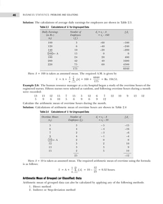 BUSINESS STATISTICS: PROBLEMS AND SOLUTIONS
46
Solution: The calculations of average daily earnings for employees are shown in Table 2.3.
Here A = 160 is taken as assumed mean. The required A.M. is given by
x = A +
1
n
7
1
i i
i
f d
=
∑ = 160 +
6040
175
= Rs. 194.51.
Example 2.6: The human resource manager at a city hospital began a study of the overtime hours of the
registered nurses. Fifteen nurses were selected at random, and following overtime hours during a month
were recorded:
13 13 12 15 7 15 5 12 6 7 12 10 9 13 12
5 9 6 10 5 6 9 6 9 12
Calculate the arithmetic mean of overtime hours during the month.
Solution: Calculations of arithmetic mean of overtime hours are shown in Table 2.4
Here A = 10 is taken as assumed mean. The required arithmetic mean of overtime using the formula
is as follows:
x = A +
=
∑
25
1
1
i i
i
f d
n
= 10 –
12
25
= 9.52 hours.
Arithmetic Mean of Grouped (or Classified) Data
Arithmetic mean of grouped data can also be calculated by applying any of the following methods:
1. Direct method
2. Indirect or Step-deviation method
Table 2.3 Calculations of x for Ungrouped Data
Daily Earnings Number of di = xi – A fi di
(in Rs.) Employees = xi – 160
(xi) ( fi )
100 3 –60 –180
120 6 –40 –240
140 10 –20 –200
160 ← A 15 0 0
180 24 20 480
200 42 40 1680
220 75 60 4500
175 6040
Table 2.4 Calculations of x for Ungrouped Data
Overtime Hours Number of di = xi – A fi di
(xi) Employees (fi) = xi – 10
5 3 – 5 –15
6 4 – 4 –16
7 2 – 3 –6
9 4 – 1 –4
10 ← A 2 0 0
12 5 2 10
13 3 3 9
15 2 5 10
25 –12
 