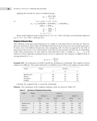BUSINESS STATISTICS: PROBLEMS AND SOLUTIONS
56
Applying the formula for mean of combined group
x12 =
n x n x
n n
1 1 2 2
1 2
+
+
or (n1 + n2) x12 = n1 x1 + n2 x2
(n1 + n2 ) 24,00,000 = 25,00,000 n1 + 19,00,000 n2
1000 n1 = 5000 n2
n
n
1
2
=
5000
1000
=
5
1
n1 : n2 = 5 : 1.
Hence, male employees in the company are {5 ÷ (5 + 1)} × 100 = 83.33 per cent and female employees
are {1 ÷ (5 + 1)} × 100 = 16.67 per cent.
Weighted Arithmetic Mean
The arithmetic mean gives equal importance (or weight) to each observation in the data set. However,
there are situations in which values of individual observations in the data set are not of equal importance.
If values occur with different frequencies, then computing A.M. of values (as opposed to the A.M. of
observations) may not be a true representative of the data set characteristic and thus may be misleading.
Under these circumstances, we may attach to each observation value a “weight” w1, w2, . . ., wN as an
indicator of their importance perhaps because of size or importance and compute a weighted mean or
average denoted by xw as
µw or xw = i i
i
x w
w
∑
∑
.
Example 2.21: An examination was held to decide the awarding of a scholarship. The weights of various
subjects were different. The marks obtained by 3 candidates (out of 100 in each subject) are given below.
Calculate the weighted A.M. to award the scholarship.
Solution: The calculations of the weighted arithmetic mean are shown in Table 2.17.
Subject Weight Students
A B C
Mathematics 4 60 57 62
Physics 3 62 61 67
Chemistry 2 55 53 60
English 1 67 77 49
Table 2.17 Calculations of WeightedArithmetic Mean
Subject Weight Students
(wi ) Student A Student B Student C
Marks xi wi Marks xi wi Marks xi wi
(xi ) (xi ) (xi )
Mathematics 4 60 240 57 228 62 248
Physics 3 62 186 61 183 67 201
Chemistry 2 55 110 53 106 60 120
English 1 67 67 77 77 49 49
10 244 603 248 594 238 618
 