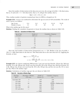 67
MEASURES OF CENTRAL TENDENCY
Since the number of observations in the data array are even, the average of (n/2)th = 4th observation,
that is, 15 and (n/2) + 1 = 5th observation, that is, 17, will give the median, that is,
Med = (15 + 17) ÷ 2 = 16
Thus, median number of patients examined per hour in OPD in a hospital are 16.
Example 2.32: A survey was conducted to determine the age (in years) of 120 automobiles. The result of
such a survey is as follows:
Age of auto : 0–4 4–8 8–12 12–16 16–20
Number of autos : 13 29 48 22 8
What is the median age for the autos?
Solution: Finding the cumulative frequencies to locate the median class as shown in Table 2.22.
Here the total number of observations (frequencies) are n = 120. Median is the size of (n/2)th =
120 ÷ 2 = 60th observation in the data set. This observation lies in the class interval 8–12. Applying the
formula, we have
Med = l +
−
×
( /2)
n cf
h
n
= 8 + ( )
120 2 42
48
÷ − × 4 = 8 + 1.5 = 9.5.
Example 2.33: In a factory employing 3000 persons, 5 per cent earn less than Rs. 150 per day, 580 earn
from Rs. 151 to Rs. 200 per day, 30 per cent earn from Rs. 201 to Rs. 250 per day, 500 earn from Rs. 251
to Rs. 300 per day, 20 per cent earn from Rs. 301 to Rs. 350 per day, and the rest earn Rs. 351 or more
per day. What is the median wage?
Solution: Calculations of median wage per day are shown in Table 2.23.
Table 2.23 Calculation of Median Wage
Earnings Percentage of Workers Number of Cumulative Frequency
(Rs.) ( Per cent) Persons ( f ) (cf )
Less than 150 5 150 150
151–200 — 580 730
201–250 30 900 1630 ← Median class
251–300 — 500 2130
301–350 20 600 2730
351 and above — 270 3000
n=3000
Table 2.22 Calculations for Median Value
Age of Auto Number of Cumulative Frequency
(in years) Autos ( f ) (cf )
0–4 13 13
4–8 29 42
8–12 48 90 ← Median class
12–16 22 112
16–20 8 120
n=120
 
