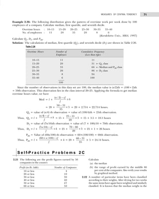 71
MEASURES OF CENTRAL TENDENCY
Example 2.36: The following distribution gives the pattern of overtime work per week done by 100
employees of a company. Calculate median, first quartile, and seventh decile.
Overtime hours : 10–15 15–20 20–25 25–30 30–35 35–40
No. of employees : 11 20 35 20 8 6
[Kurukshetra Univ., MBA, 1997]
Calculate Q1, D7, and P60.
Solution: The calculations of median, first quartile (Q1), and seventh decile (D7) are shown in Table 2.26.
Since the number of observations in this data set are 100, the median value is (n/2)th = (100 ÷ 2)th
= 50th observation. This observation lies in the class interval 20–25. Applying the formula to get median
overtime hours value, we have
Med = l +
( / )
n cf
f
h
2 −
×
= 20 +
50 31
35
5
−
× = 20 + 2.714 = 22.714 hours.
Q1 = value of (n/4) th observation = value of (100/4)th = 25th observation.
Thus, Q1 = l +
( / )
n cf
f
h
4 −
× = 15 +
25 11
20
5
−
× = 15 + 3.5 = 18.5 hours
D7 = value of (7n/10)th observation = value of (7 × 100)/10 = 70th observation.
Thus, D7 = l +
( / )
7 10
n cf
f
h
−
× = 25 +
70 66
20
5
−
× = 25 + 1 = 26 hours
P60 = Value of (60n/100) th observation = 60×(100/100) = 60th observation.
Thus, P60 = l +
(60 /100)
n cf
f
× −
× h = 20 +
60 31
35
−
× 5 = 24.14 hours.
Table 2.26
Overtime Hours Number of Cumulative Frequency
Employees (Less than type)
10–15 11 11
15–20 20 31 ← Q1 class
20–25 35 66 ← Median and P60 class
25–30 20 86 ← D7 class
30–35 8 94
35–40 6 100
100
S e l f-P r a c t i c e P r o b l e m s 2 C
2.21 The following are the profit figures earned by 50
companies in the country
Profit (in Rs. lakh) Number of Companies
10 or less 14
20 or less 10
30 or less 30
40 or less 40
50 or less 47
60 or less 50
Calculate
(a) the median
(b) the range of profit earned by the middle 80
per cent of the companies. Also verify your results
by graphical method.
2.22 A number of particular items have been classified
according to their weights. After drying for two weeks
the same items have again been weighted and similarly
classified. It is known that the median weight in the
 