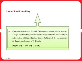 1– 130
 Consider two events, E and F. Whatsoever be the events, we can
always say that the probability of E is equal to the probability of
intersection of E and F, plus, the probability of the intersection
of E and complement of F. That is,
P (E) = P (E ∩ F) + P (E ∩ F ∩ C)
Law of Total Probability
 