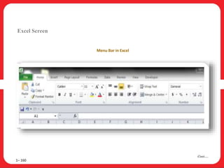 Excel Screen
1– 160
Cont….
Menu Bar in Excel
 
