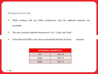 Moving between Cells
 While working with any Office productivity tool, the clipboard functions are
invaluable.
 The most common clipboard functions are ‘Cut’, ‘Copy’ and ‘Paste’.
 In the Microsoft Office suite, there are keyboard shortcuts for these functions.
1– 168
KEYBOARD SHORTCUTS
Cut Ctrl + X
Copy Ctrl + C
Paste Ctrl + V
 