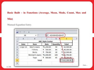 Basic Built – in Functions (Average, Mean, Mode, Count, Max and
Min)
Manual Equation Entry
1– 173
Cont….
 