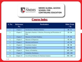 S. No. Reference
No.
Particulars Slide From
– To
1. Chapter 1 Introduction to Business Statistics 08 – 21
2. Chapter 2 Descriptive Statistics: Collection, Processing and Presentation of
Data
22 – 36
3. Chapter 3 Measures of Central Tendency 37 – 51
4. Chapter 4 Measures of Dispersion 52 – 66
5. Chapter 5 Skewness and Kurtosis 67 – 79
6. Chapter 6 Correlation Analysis 80 – 98
7. Chapter 7 Regression Analysis 99 – 114
8. Chapter 8 Theory of Probability 115 – 134
9. Chapter 9 Probability Distribution 135 – 153
10. Chapter 10 Use of Excel Software for Statistical Analysis 154 – 194
Course Index
1– 2
 
