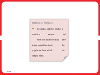 1– 26
Inferential Statistics
 Inferential statistics studies a
statistical sample, and
from this analysis we are able
to say something about the
population from which the
sample came.
 