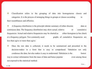  Classification refers to the grouping of data into homogeneous classes and
categories. It is the process of arranging things in groups or classes according to
their resemblances and affinities.
 A frequency distribution is the principle tabular summary of either discrete data or
continuous data. The frequency distribution may show actual, relative or cumulative
frequencies. Actual and relative frequencies may be charted as either histogram (a bar chart)
or a frequency polygon. Two commonly used graphs of cumulative frequencies are
less than ogive or more than ogive.
 Once the raw data is collected, it needs to be summarized and presented to the
decision-maker in a form that is easy to comprehend. Tabulation not only
condenses the data, but also makes it easy to understand. Tabulation is the fastest
way to extract information from the mass of data and hence popular even among those
not exposed to the statistical method.
1– 35
Cont….
 