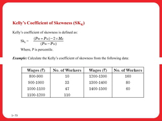 Kelly’s Coefficient of Skewness (SKK)
Kelly’s coefficient of skewness is defined as:
Skk =
Where, P is percentile.
Example: Calculate the Kelly’s coefficient of skewness from the following data:
1– 73
 