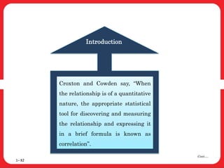 1– 82
Cont….
Croxton and Cowden say, “When
the relationship is of a quantitative
nature, the appropriate statistical
tool for discovering and measuring
the relationship and expressing it
in a brief formula is known as
correlation”.
Introduction
 