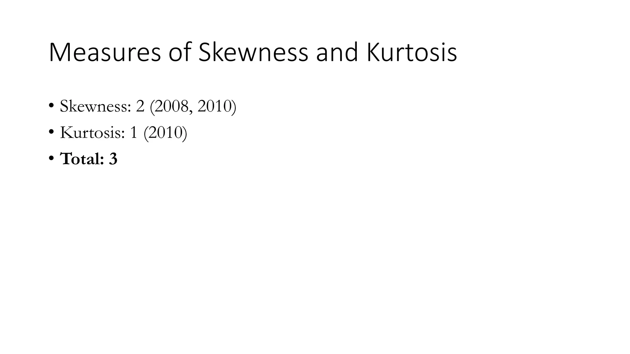 Measures of Skewness and Kurtosis
• Skewness: 2 (2008, 2010)
• Kurtosis: 1 (2010)
• Total: 3
 