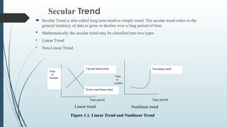 Secular Trend
 Secular Trend is also called long term trend or simply trend. The secular trend refers to the
general tendency of data to grow or decline over a long period of time.
 Mathematically the secular trend may be classified into two types
• Linear Trend
• Non-Linear Trend.
Linear trend
period
Nonlinear trend
Figure 1.1. Linear Trend and Nonlinear Trend
 