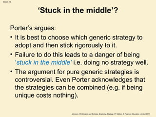 Slide 6.18




                   ‘Stuck in the middle’?

         Porter’s argues:
         • It is best to choose which generic strategy to
           adopt and then stick rigorously to it.
         • Failure to do this leads to a danger of being
           ‘stuck in the middle’ i.e. doing no strategy well.
         • The argument for pure generic strategies is
           controversial. Even Porter acknowledges that
           the strategies can be combined (e.g. if being
           unique costs nothing).

                                Johnson, Whittington and Scholes, Exploring Strategy, 9th Edition, © Pearson Education Limited 2011
 