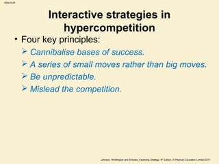 Slide 6.29




                    Interactive strategies in
                       hypercompetition
         • Four key principles:
              Cannibalise bases of success.
              A series of small moves rather than big moves.
              Be unpredictable.
              Mislead the competition.




                                  Johnson, Whittington and Scholes, Exploring Strategy, 9th Edition, © Pearson Education Limited 2011
 