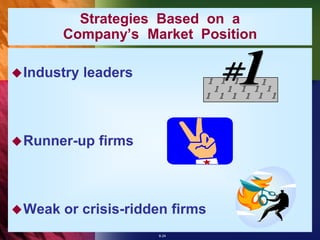 Strategies Based on a
         Company’s Market Position

 Industry   leaders



 Runner-up    firms



 Weak   or crisis-ridden firms
                       8-24
 