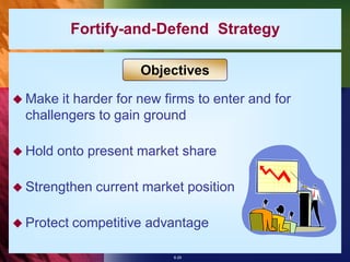 Fortify-and-Defend Strategy

                      Objectives

 Make  it harder for new firms to enter and for
  challengers to gain ground

 Hold   onto present market share

 Strengthen   current market position

 Protect   competitive advantage

                           8-29
 