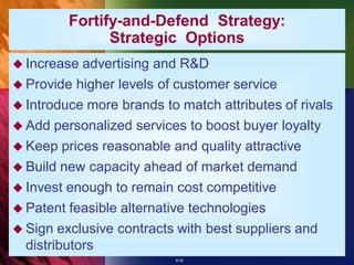 Fortify-and-Defend Strategy:
               Strategic Options
 Increase  advertising and R&D
 Provide higher levels of customer service
 Introduce more brands to match attributes of rivals
 Add personalized services to boost buyer loyalty
 Keep prices reasonable and quality attractive
 Build new capacity ahead of market demand
 Invest enough to remain cost competitive
 Patent feasible alternative technologies
 Sign exclusive contracts with best suppliers and
  distributors
                           8-30
 