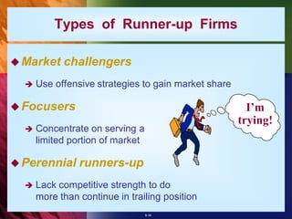 Types of Runner-up Firms

 Market    challengers
     Use offensive strategies to gain market share

 Focusers                                              I’m
                                                      trying!
     Concentrate on serving a
      limited portion of market

 Perennial     runners-up
     Lack competitive strength to do
      more than continue in trailing position
                                  8-34
 