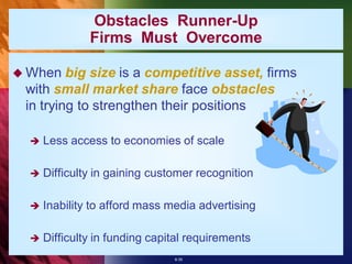 Obstacles Runner-Up
               Firms Must Overcome

 When   big size is a competitive asset, firms
 with small market share face obstacles
 in trying to strengthen their positions

     Less access to economies of scale

     Difficulty in gaining customer recognition

     Inability to afford mass media advertising

     Difficulty in funding capital requirements
                                8-35
 