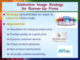 Distinctive Image Strategy
                 for Runner-Up Firms
 Strategy  concentrated on ways to
    stand out from rivals
   Approaches
       Reputation for charging lowest price
       Prestige quality at a good price
       Superior customer service
       Unique product attributes
       New product introductions
       Unusually creative advertising
                                    8-42
 
