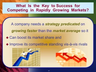 What Is the Key to Success for
Competing in Rapidly Growing Markets?


  A company needs a strategy predicated on
  growing faster than the market average so it
 Can   boost its market share and
 Improve   its competitive standing vis-à-vis rivals




                           8-7
 