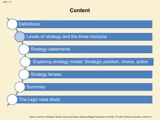 Slide 1.10
Based on Johnson, Whittington, Scholes, Angwin and Regnér, Exploring Strategy Powerpoints on the Web, 10th edition ©Pearson Education Limited 2014
Content
Definitions
Levels of strategy and the three horizons
Strategy statements
Exploring strategy model: Strategic position, choice, action
Strategy lenses
Summary
The Lego case study
 