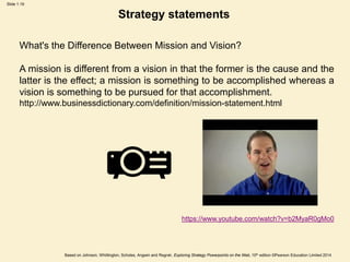 Slide 1.19
Based on Johnson, Whittington, Scholes, Angwin and Regnér, Exploring Strategy Powerpoints on the Web, 10th edition ©Pearson Education Limited 2014
Strategy statements
What's the Difference Between Mission and Vision?
A mission is different from a vision in that the former is the cause and the
latter is the effect; a mission is something to be accomplished whereas a
vision is something to be pursued for that accomplishment.
http://www.businessdictionary.com/definition/mission-statement.html
https://www.youtube.com/watch?v=b2MyaR0gMo0
 