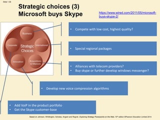 Slide 1.36
Based on Johnson, Whittington, Scholes, Angwin and Regnér, Exploring Strategy Powerpoints on the Web, 10th edition ©Pearson Education Limited 2014
Strategic choices (3)
Microsoft buys Skype
• Compete with low cost, highest quality?
• Add VoiP in the product portfolio
• Get the Skype customer-base
• Special regional packages
• Develop new voice compression algorithms
• Alliances with telecom providers?
• Buy skype or further develop windows messenger?
https://www.wired.com/2011/05/microsoft-
buys-skype-2/
 