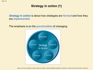 Slide 1.38
Based on Johnson, Whittington, Scholes, Angwin and Regnér, Exploring Strategy Powerpoints on the Web, 10th edition ©Pearson Education Limited 2014
Strategy in action (1)
Strategy in action is about how strategies are formed and how they
are implemented.
The emphasis is on the practicalities of managing.
 